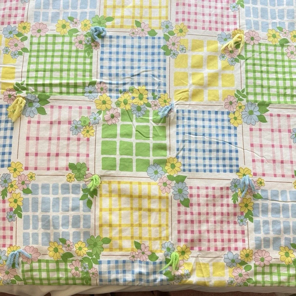 Vintage Quilt Blanket 65x45 Floral Gingham Patchwork Tied Pastel Nursery Retro